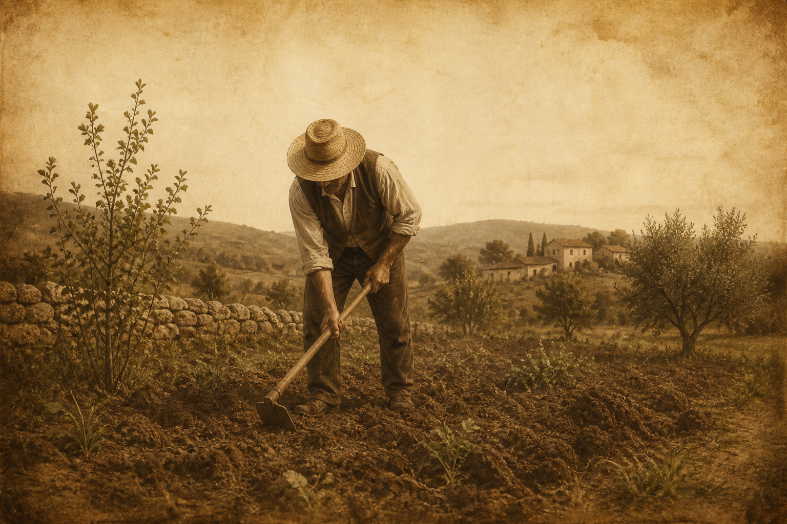 Hombre con sombrero de paja trabajando la tierra