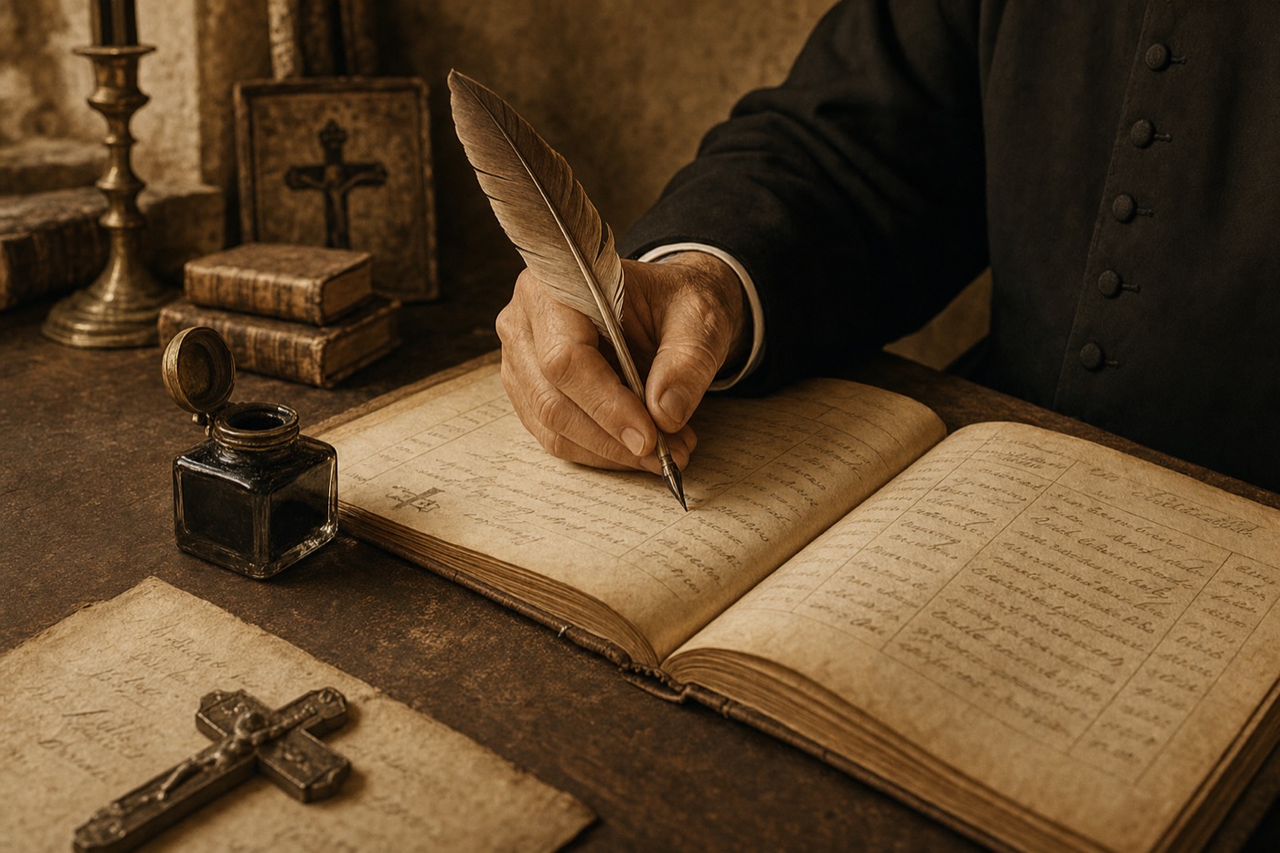 Mano de un sacerdote escribiendo una partida en un libro antiguo